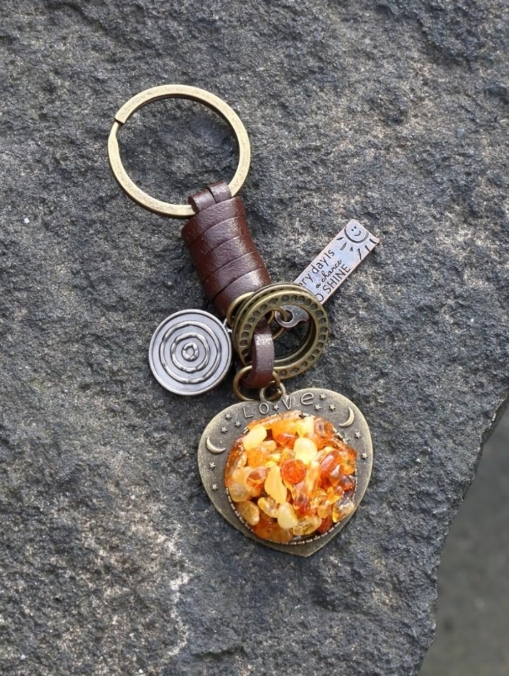 Baltic Amber Heart Bronze & Leather Keychain - Picture 2 of 5